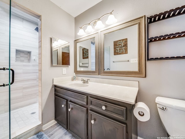 bathroom with hardwood / wood-style flooring, vanity, toilet, and an enclosed shower