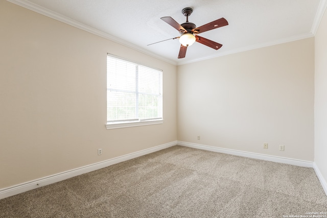 unfurnished room with ornamental molding, carpet flooring, and ceiling fan