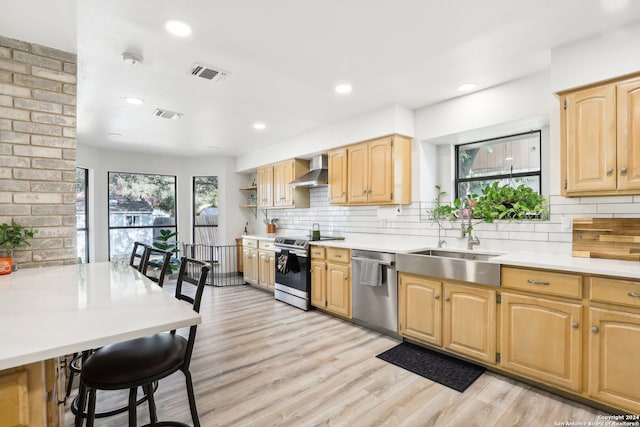 kitchen featuring light wood-type flooring, wall chimney range hood, appliances with stainless steel finishes, and plenty of natural light