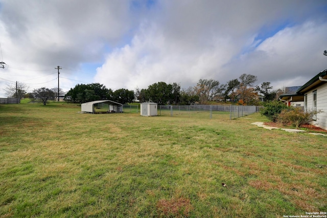 view of yard featuring a storage shed