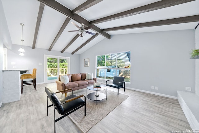 living room with light wood-type flooring, ceiling fan, and vaulted ceiling with beams