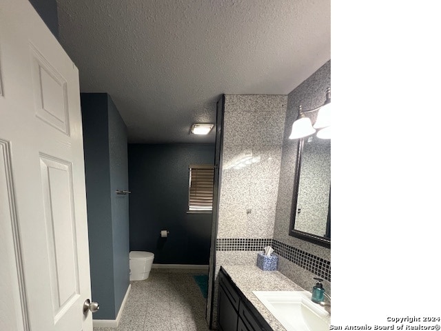 bathroom featuring vanity, a textured ceiling, and toilet