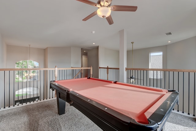 recreation room featuring pool table, carpet flooring, and ceiling fan with notable chandelier