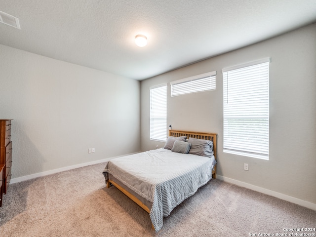 bedroom featuring a textured ceiling and carpet flooring