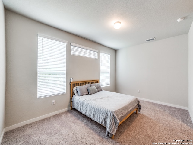 carpeted bedroom with a textured ceiling