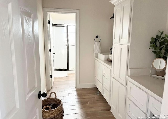 bathroom featuring wood-type flooring and vanity