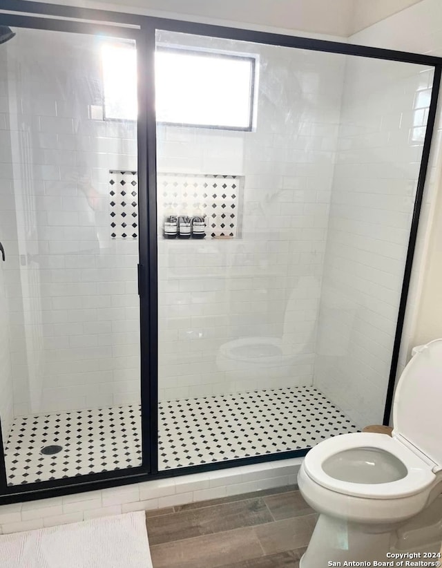 bathroom featuring toilet and a shower with door