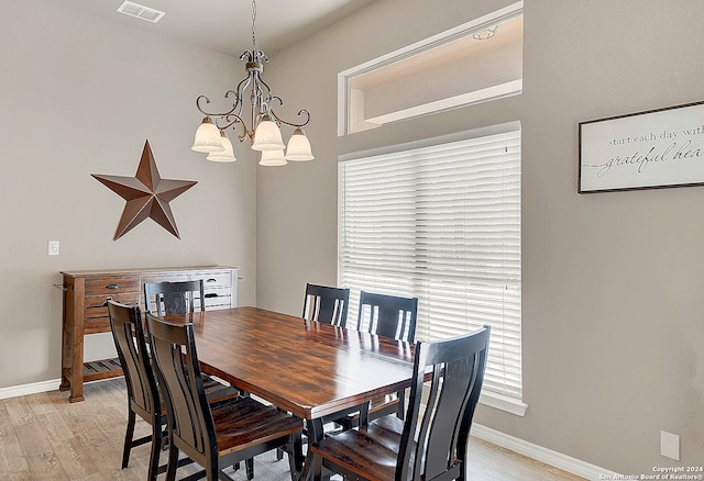 dining area featuring a chandelier, a healthy amount of sunlight, and light wood-type flooring