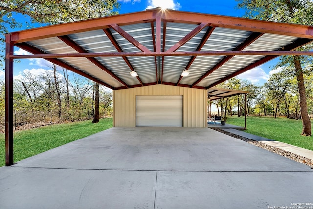 garage with a yard