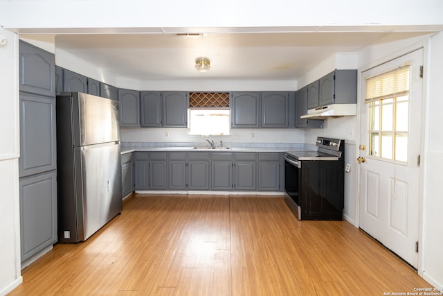 kitchen with stainless steel appliances, a healthy amount of sunlight, light hardwood / wood-style flooring, and gray cabinetry