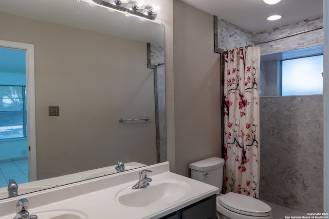 bathroom featuring vanity, toilet, and a shower with curtain