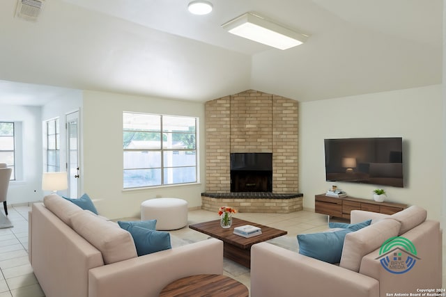 living room featuring a fireplace, light tile patterned flooring, a healthy amount of sunlight, and vaulted ceiling