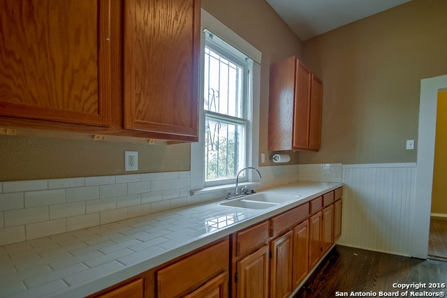 kitchen with tile counters, dark hardwood / wood-style floors, plenty of natural light, and sink