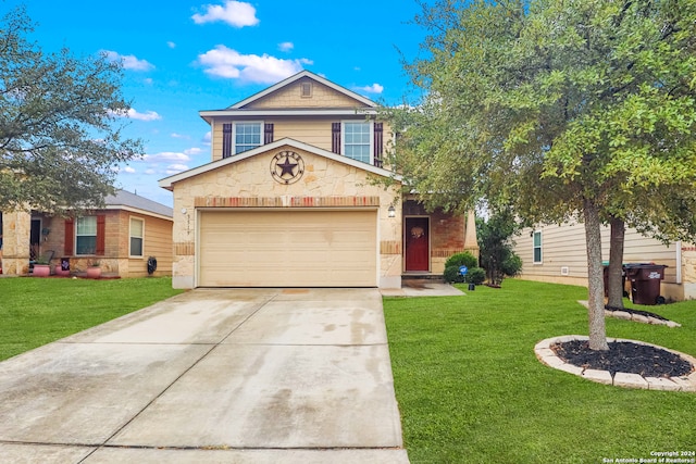 view of front of home featuring a garage and a front lawn