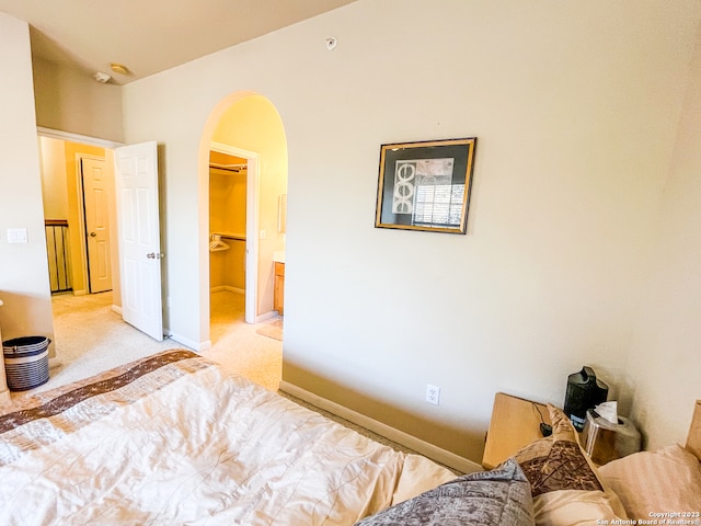 carpeted bedroom featuring a spacious closet and a closet