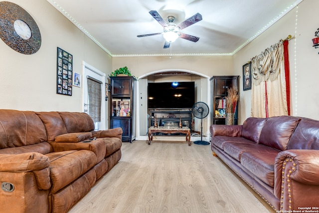 living room featuring a fireplace, light hardwood / wood-style floors, and ceiling fan