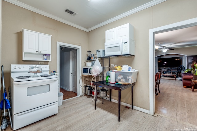 kitchen featuring ornamental molding, white cabinetry, light hardwood / wood-style floors, white appliances, and ceiling fan