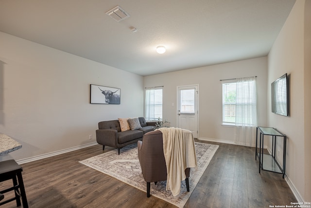 living room with dark wood-type flooring