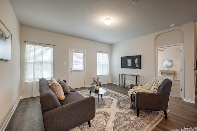 living room with a textured ceiling and dark hardwood / wood-style flooring