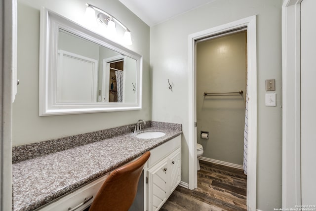 bathroom with vanity, hardwood / wood-style flooring, and toilet