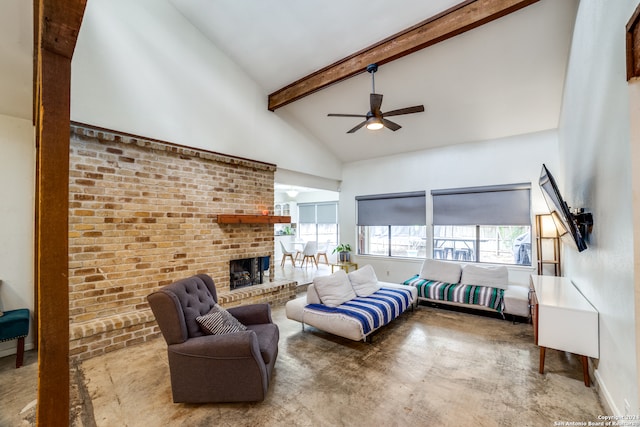 living room with carpet flooring, high vaulted ceiling, beamed ceiling, ceiling fan, and a fireplace