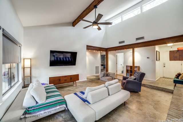 living room featuring high vaulted ceiling, beamed ceiling, and ceiling fan