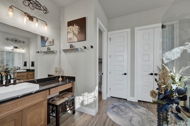 bathroom with toilet, vanity, and wood-type flooring