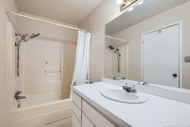 bathroom with tile patterned flooring, vanity, and shower / bath combination with curtain