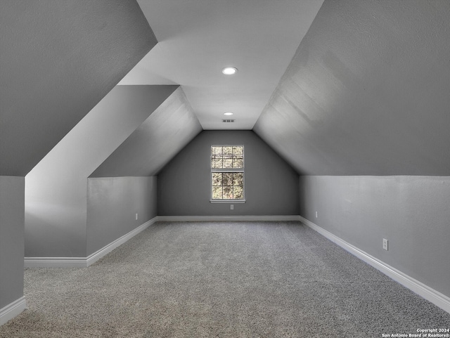 additional living space with lofted ceiling, a textured ceiling, and carpet floors