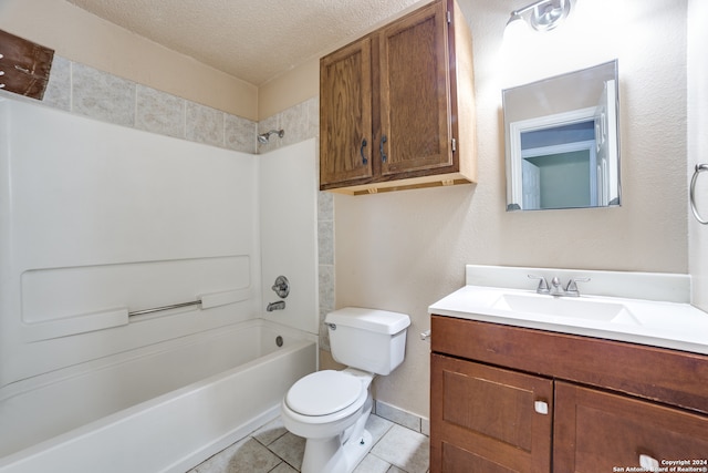 full bathroom featuring a textured ceiling, vanity, shower / bath combination, tile patterned floors, and toilet