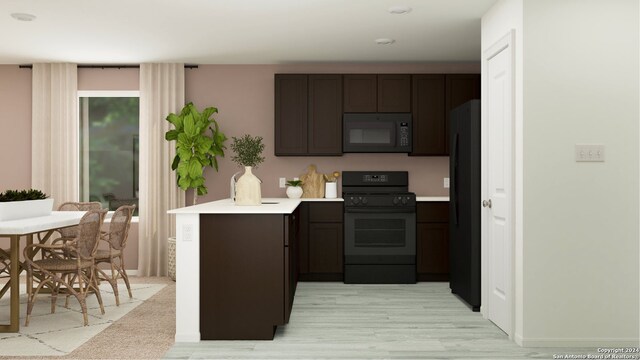 kitchen with dark brown cabinets, kitchen peninsula, light hardwood / wood-style flooring, and black appliances