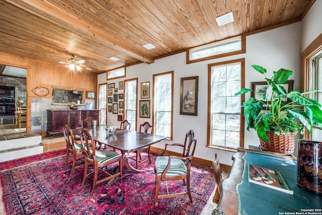 dining space with wooden ceiling and ceiling fan