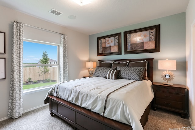 bedroom with light colored carpet and multiple windows