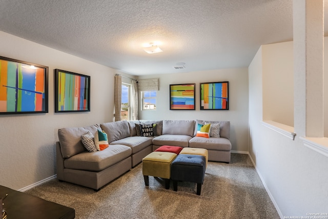 living room featuring a textured ceiling and carpet flooring