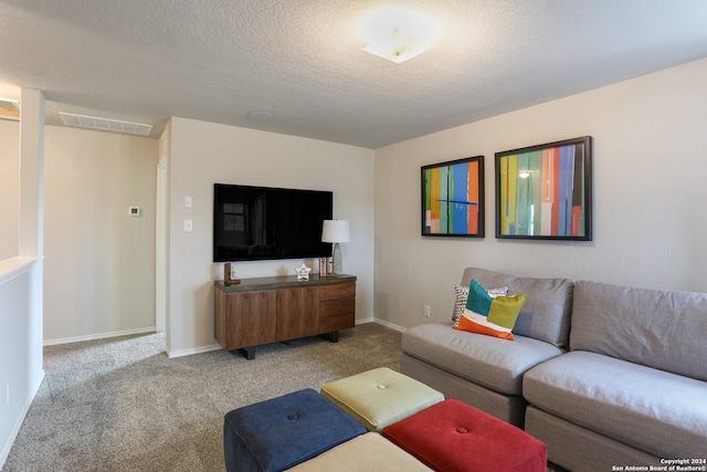 carpeted living room with a textured ceiling