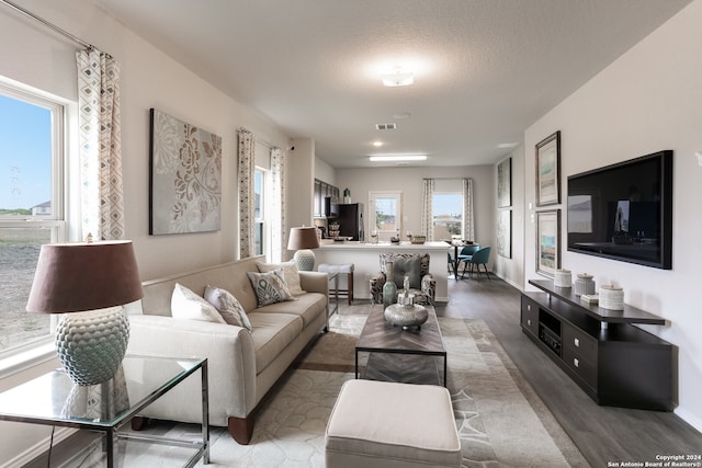 living room featuring a textured ceiling and a healthy amount of sunlight