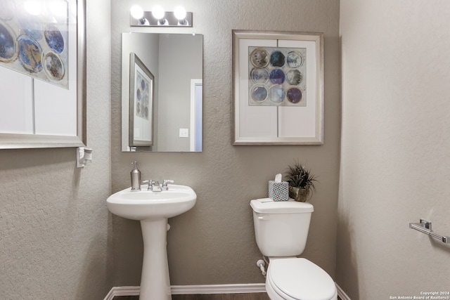 bathroom featuring toilet, sink, and wood-type flooring