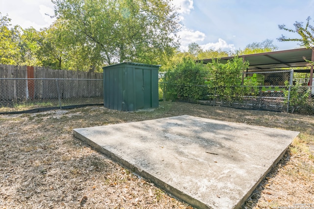 view of yard with a storage unit and a patio