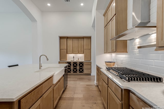 kitchen with light hardwood / wood-style floors, decorative backsplash, wall chimney exhaust hood, sink, and appliances with stainless steel finishes