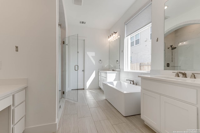 bathroom featuring vanity and separate shower and tub