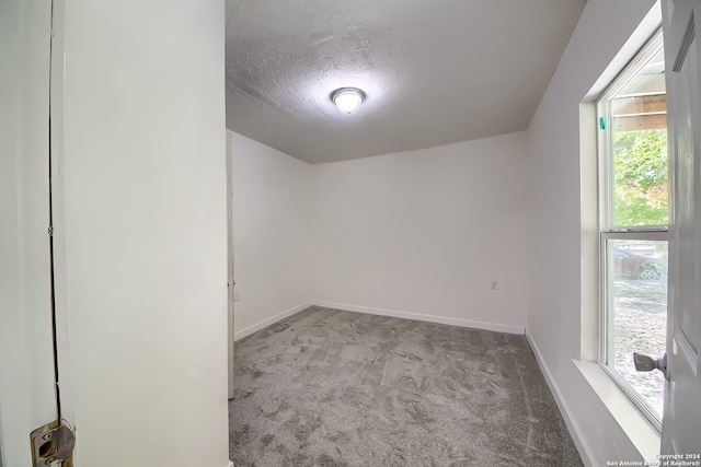 empty room featuring a textured ceiling and light carpet