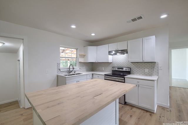 kitchen featuring stainless steel electric range oven, white cabinetry, sink, and light hardwood / wood-style flooring