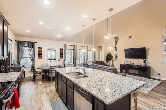 kitchen with dark brown cabinets, a wealth of natural light, stainless steel appliances, and sink