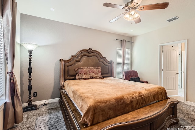 bedroom featuring ceiling fan and carpet floors