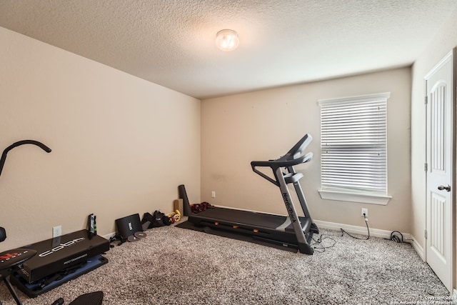 exercise area with a textured ceiling and carpet flooring