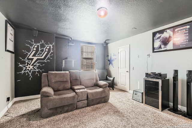 living room featuring a textured ceiling and carpet floors