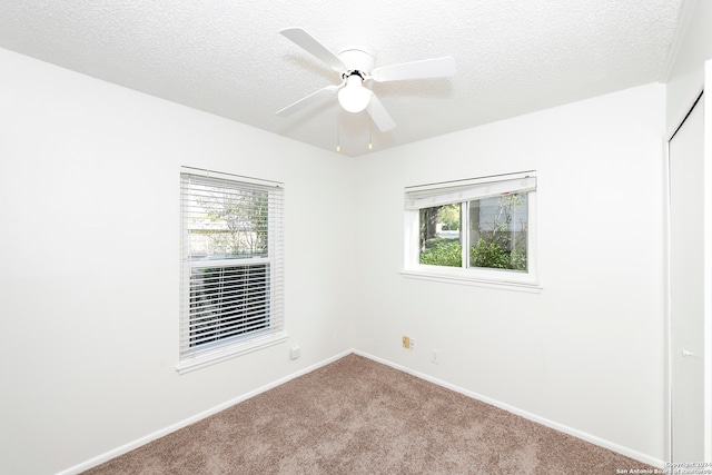 carpeted empty room with a textured ceiling, ceiling fan, and plenty of natural light