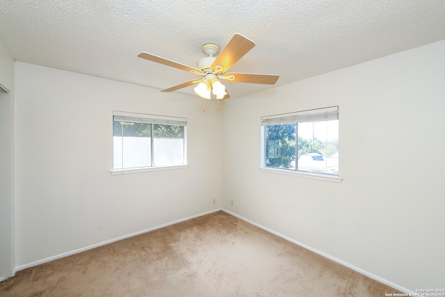 carpeted empty room with a wealth of natural light, ceiling fan, and a textured ceiling