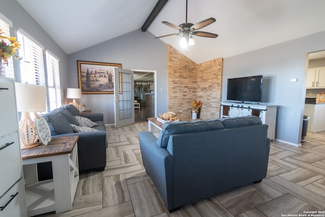 living room featuring high vaulted ceiling, french doors, light parquet floors, ceiling fan, and beamed ceiling