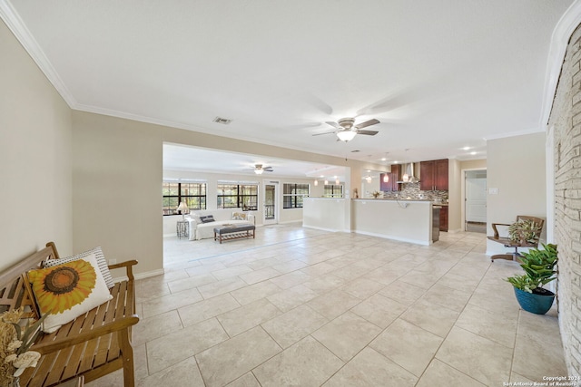 tiled living room featuring ornamental molding and ceiling fan